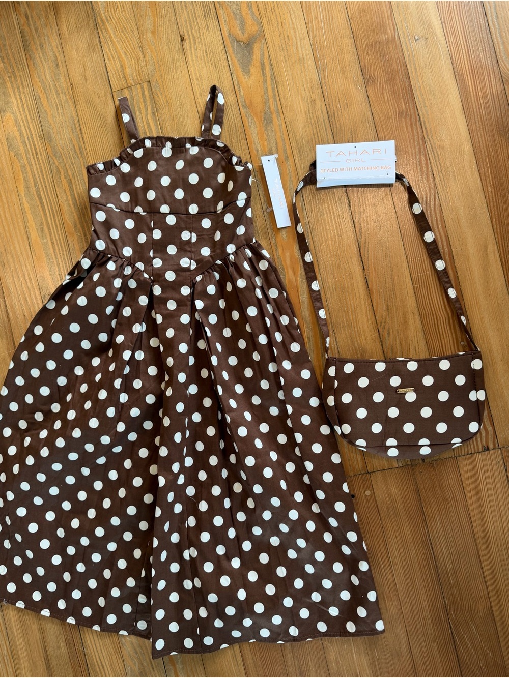 Tahari Kids Brown and White Polka Dot Dress with Matching Purse